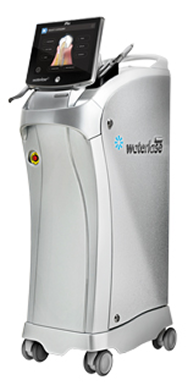 Advanced medical laser equipment with digital display for non-invasive treatments, sleek and modern design on wheels.